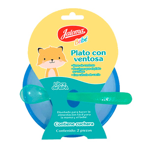 Plato con base de ventosa Plato azul aqua. Ventosa y Cuchara verde